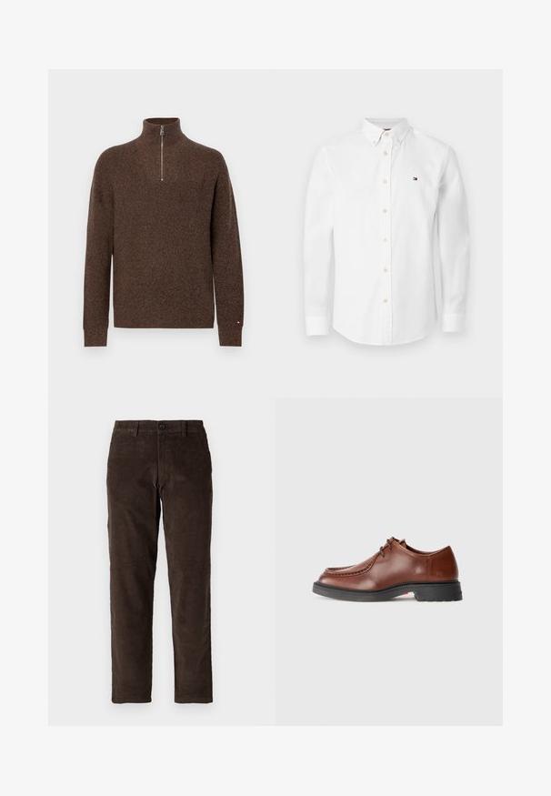 Brun strikket sweater med høj krave og halv lynlås. Har ribbede manchetter og kant, med en tekstureret overflade og minimale accentdetaljer.; Hvid skjorte med lange ærmer, knapper foran, knappet krave og lille broderet logo på venstre bryst.; Brune fløjl bukser med lige ben design, der har en frontlukning med knap og standard bæltestropper. Glat tekstur og klassisk snit.; Brune læderdress sko med rund tå, kontrasterende syninger, snørebånd design og en tekstureret sort gummisål.