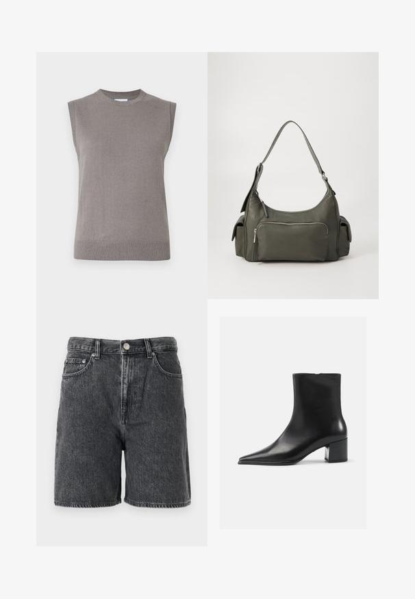 Pull sans manches gris en maille avec un col et un ourlet côtelés. Texture douce, coupe droite et design minimaliste sans ornements.; Shorts en denim noir délavé avec passants de ceinture, bouton avant, fermeture éclair, et design classique à cinq poches.; Bottine en cuir noir avec un bout pointu, texture lisse et un talon bloc moyen. Design minimaliste, fermeture éclair à l'arrière.; Sac à épaule en cuir vert avec un design arrondi, poche zippée à l'avant et poches supplémentaires sur les côtés. Texture lisse et matériel minimal.
