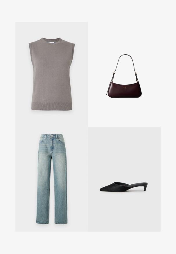 Suéter de punto gris sin mangas con cuello y dobladillo acanalados. Textura suave, corte recto y diseño minimalista sin adornos.; Copenhagen Muse JEANNE PANTS - Vaqueros boyfriend - medium dirty washed denim; Mules de ante negro con puntera afilada y tacón bajo. Presentan una textura suave y una parte trasera abierta para facilitar su uso. Diseño sencillo sin patrones.; Bolso de mano de cuero burdeos oscuro con una delgada correa negra para el hombro y pequeño logo dorado "cK" en el centro delantero.