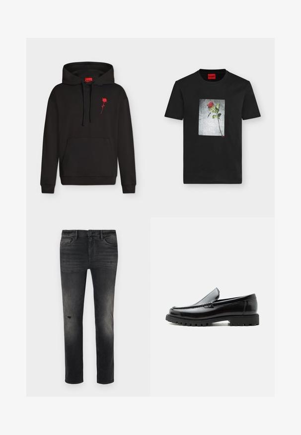 Schwarzer Hoodie mit Fronttasche, Kapuze mit Kordelzug und kleiner roter Rosenstickerei auf der linken Brust unterhalb des Halsausschnitts.; Schwarzes T-Shirt mit kurzen Ärmeln, mittig bedruckt mit einer einzelnen roten Rose auf grauem strukturiertem Hintergrund und kleinem rotem "HUGO"-Logo.; Schmal geschnittene schwarze Denim-Jeans mit Ausbleichungen, leichten Gebrauchsspuren in der Kniegegend, fünf Taschen sowie einem normalen Knopf- und Reißverschluss.; Schwarzer Lederloafer mit grober Gummisohle, genähter Oberseite und geprägtem Markennamen an der Ferse, seitlich auf weißem Hintergrund gezeigt.