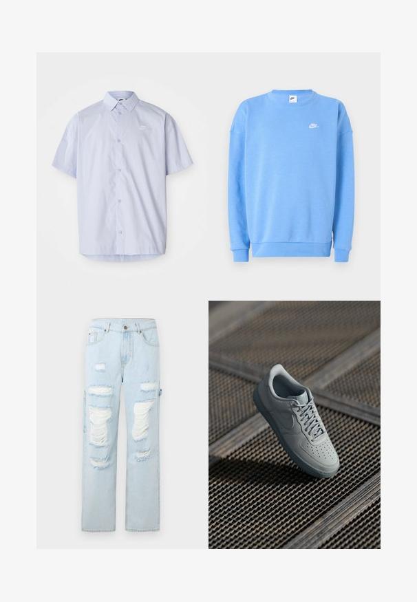Sudadera azul claro hecha de una suave mezcla de algodón con puños y dobladillo acanalados; presenta un pequeño logo blanco de Nike en el pecho.; Camisa de manga corta azul claro hecha de una tela suave, con un diseño de botones y un pequeño logo blanco de Nike en el pecho.; Jeans de mezclilla de color azul claro con múltiples grandes desgastes y bordes deshilachados en los muslos delanteros y las rodillas, corte de pierna recta.; Zapatillas de cuero gris con punta perforada, cordones planos, collar acolchado y suela de goma texturizada. Presenta un sutil detalle de marca.