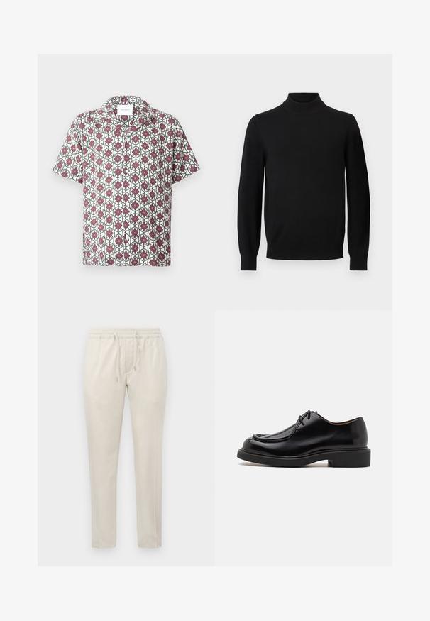 Sort langærmet sweater med høj, ribbet rib-krave og ribbede manchetter, vist på en ensfarvet grå baggrund.; Kortærmet skjorte i let stof med en hvid bund og et gentaget blomstermønster i rødt og grønt. Indeholder krave og knapper.; Beige letvægtsbukser med elastisk talje og snor. Lige ben og uden synlige lommer, afsluttet med en glat tekstur.; Sort lædersko med en rund tå, stikninger, minimale snørebånd og en tyk gummisål for greb og holdbarhed.