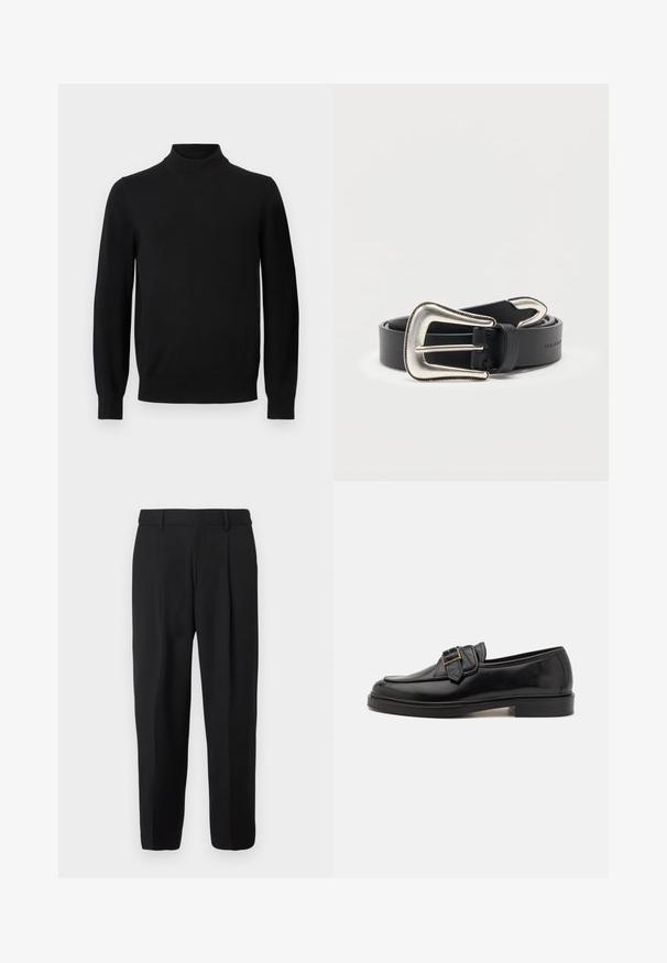 Pull noir à manches longues avec un col montant côtelé et des poignets côtelés, présenté sur un fond gris uni.; Pantalon noir à jambe droite, confectionné en tissu tissé, avec devant plat, passants pour ceinture et deux poches latérales.; Mocassins en cuir noir avec un bout arrondi et une boucle décorative. Talon plat, solide et texture lisse sur l'ensemble.; Ceinture en cuir noir avec une grande boucle de style western argentée et une pointe de ceinture argentée assortie, enroulée sur un fond blanc.