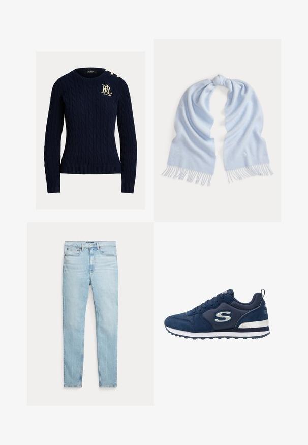 Marineblå kabelstrikket sweater med ribbede kanter og manchetter, med guldknap detaljer på skulderen og en guld logo brodering på brystet.; Lyseblå denimjeans med en figursyet pasform, design med fem lommer og syninger langs sømmene. Har en standard linning og lynlås.; Mørkeblå sportssko lavet af ruskind og mesh-materialer, med et fremtrædende sølvlogo, struktureret overdel og en hvid mellemsål.; Lyseblåt blødt uldtørklæde med frynser i enderne, løst knyttet i midten, vist på en ensfarvet hvid baggrund.