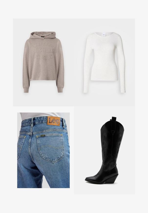 Beiger Kapuzenpullover mit langen Ärmeln und erhabenen Schriftzügen "Western St Keverne Padstow" auf der Vorderseite.; Weißes Langarm-T-Shirt aus weichem, leichtem Stoff mit rundem Ausschnitt und schlanker Passform, das eine dezente Textur aufweist.; Blaue Jeans aus Denim mit Gesäßtaschen, die gelbe Nähte und ein braunes Lederpatch der Marke Lee am Bund aufweisen.; Schwarzer Leder-Cowboystiefel mit spitzer Zehe, schrägem Blockabsatz, dekorativer Naht und Zuglaschen oben vor weißem Hintergrund.