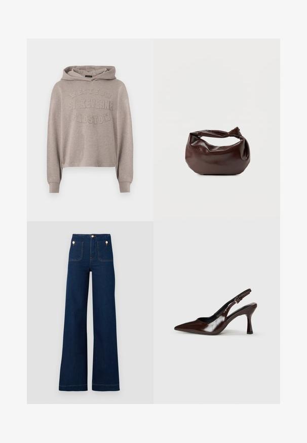 Beige hoodie met lange mouwen en verhoogde tekst "Western St Keverne Padstow" op de voorkant.; Donkerblauwe wijde jeans met hoge taille, gouden knoopaccenten, twee voor- en achterzakken en contrasterende stikseldetails. Gelaagd denim stof.; Bruine gepatineerde leren slingback pumps met een spitse neus, een dunne hak en een verstelbaar bandje met een kleine gesp.; Donkerbruine leren schoudertas met een zachte, slungelige vorm en een gedraaide knoopvormige handgreep op een effen witte achtergrond.