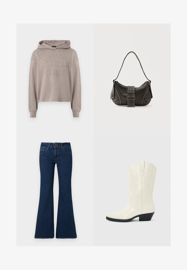Sweat à capuche beige à manches longues avec texte en relief indiquant "Western St Keverne Padstow" sur le devant.; Jean flare bleu foncé en denim, avec fermeture éclair et double bouton, poches avant et détails cousus le long des côtés.; Botte blanche de style western mi-mollet avec bout pointu, talon empilé noir, coutures décoratives et languette de tirage sur la tige.; Sac à épaule en cuir noir avec une sangle à boucle, des bords arrondis et des coutures blanches contrastées sur un fond uni.