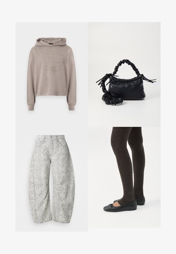 Beige väritetty huppari, jossa pitkät hihat ja etupuolella kohotettu teksti "Western St Keverne Padstow".; Harmaasta ja kermanvärisestä käärmeennahkakuosisesta leveälahkeisesta farkuista. Denim-materiaalia, viisi taskua, näkyvällä ompelulla ja napilla kiinnitys.; Jalat, joissa tummat ribbineuleiset leggingsit yhdistettynä mustiin balettitossuihin, joissa on pienet rusettikoristeet valkoisella taustalla.; Must-have mustekahvi nahkalaukku krokotiiliaistalla, kiristetty yläosa ja rypistetty hihna. Näyttää pehmeältä ja kompaktilta muotoilultaan.