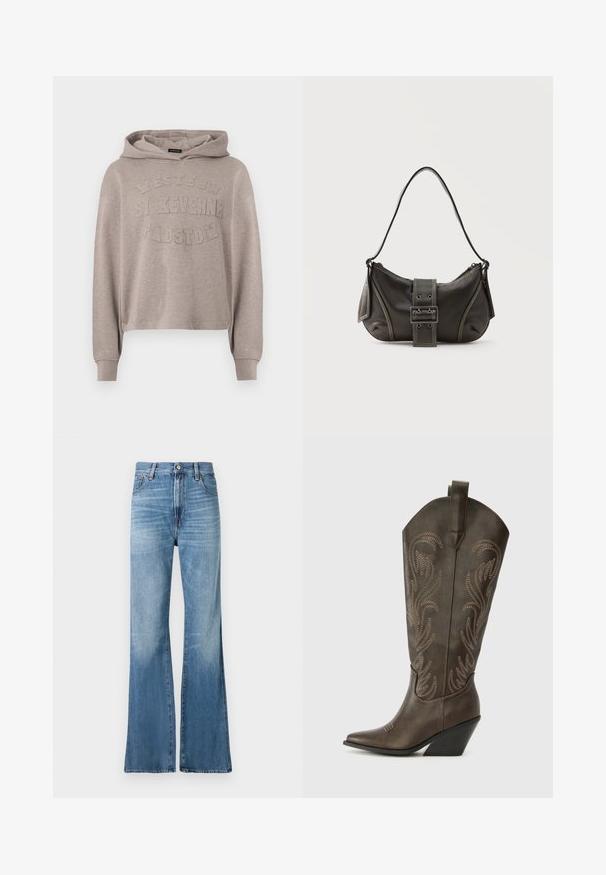 Beežiga kapuutsiga dressipluus pikkade varrukatega ja esiküljel reljeefne tekst "Western St Keverne Padstow".; Replay BECKA PANTS - Avar lõikega teksad - medium blue; Pruun nahast cowboy saabas, millel on terav varvas, tõusuhari ja dekoratiivne tikkimine. Omab pikka varrukat ja tõmbenööri.; Mustast nahast õlakott pandlanööriga detailiga, kõverate servade ja kontrastse valge õmblusega tavalise tausta peal.