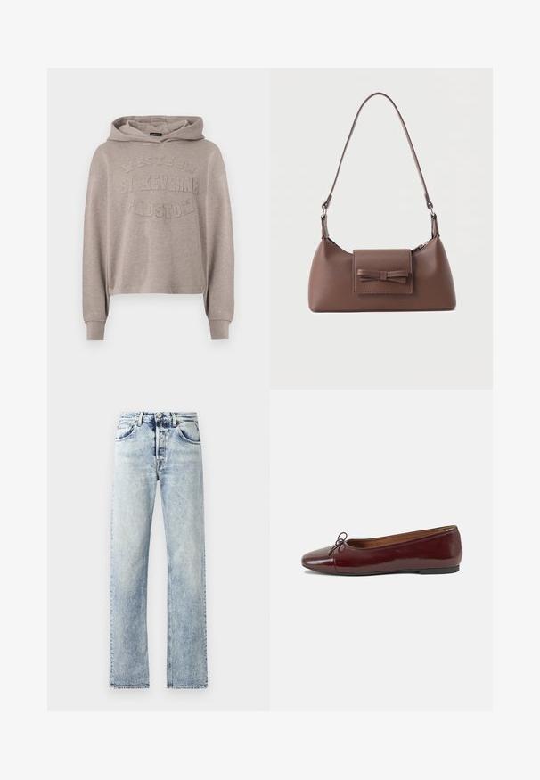 Beiger Kapuzenpullover mit langen Ärmeln und erhabenen Schriftzügen "Western St Keverne Padstow" auf der Vorderseite.; Hellblaue Denim-Jeans mit gerader Beinform. Merkmale sind fünf Taschen, Gürtelschlaufen und ein ausgefranster Saum am unteren Ende.; Burgunderfarbenes, lackiertes Ballettschuh mit abgerundetem Zehenbereich, kleiner Schleifenakzent vorne und einer niedrigen, schwarzen Gummisohle. Glatte Textur.; Braune Leder-Umhängetasche mit einer vorderen Klappentasche, die ein gestepptes Schleifendetail und einen verstellbaren Riemen aufweist.