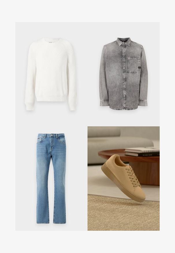 Weißer gerippter Pullover mit rundem Halsausschnitt, überschnittenen Schultern und langen Ä sleeves. Verfügt über strukturierten Stoff und einen geraden Saum.; Graues Denim-Hemd mit Knopfleiste, langen Ärmeln, mittlerem Stoffgewicht, einer Brusttasche, abgedunkeltem Finish mit kontrastierenden Knöpfen, klassischem Kragen.; Hellblaue Jeans aus Denim mit geradem Schnitt, fünf Taschen und subtiler Abnutzung. Mit einem klassischen Taillenbund und geradem Saum an den Knöcheln.; Beiger geschnürter Sneaker, der über einem strukturierten Teppich mit Holzcouchtisch und gestapelten Büchern im verschwommenen Hintergrund schwebt.