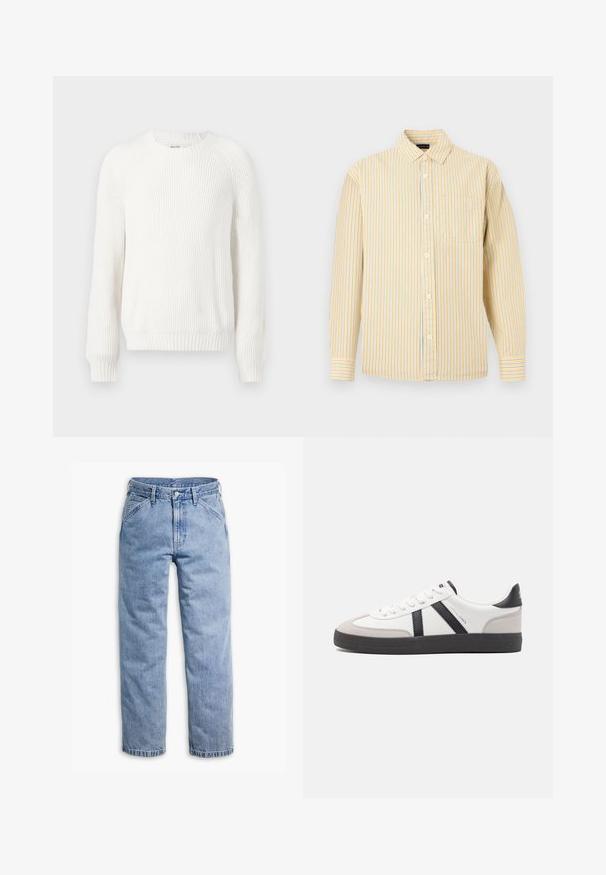 Suéter blanco con canalé, cuello redondo, hombros caídos y mangas largas. Presenta una tela texturizada y un bajo recto.; Camisa de rayas amarillas y azul claro con botones, cuello, mangas largas y un solo bolsillo en el pecho. Material de algodón, textura suave.; Vaqueros de mezclilla azul claro de pierna recta con cierre frontal de botón y cremallera, trabillas para cinturón y bolsillos delanteros inclinados.; Zapatilla blanca con acentos en negro y gris, que presenta una puntera texturizada en gris, suela de goma negra y cordones planos blancos. Diseño limpio, estilo minimalista.