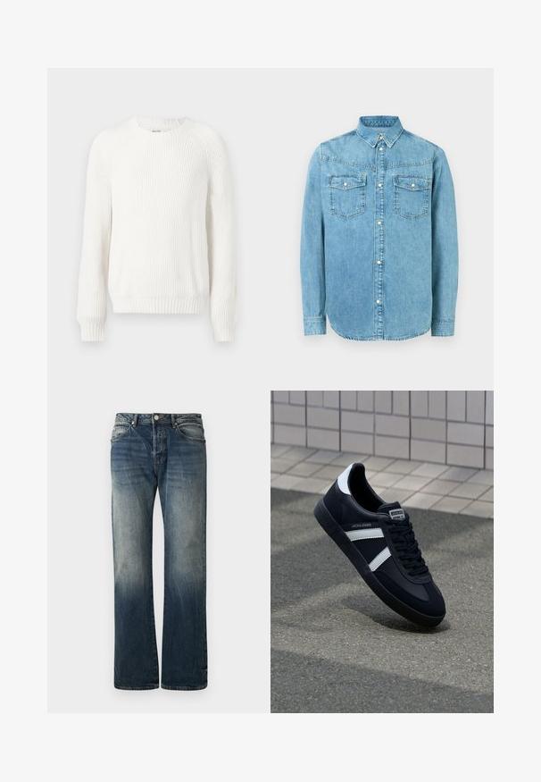 Hvid ribbet sweater med rund halsudskæring, sænkede skuldre og lange ærmer. Har struktureret stof og en lige kant.; Lysblå denimskjorte med button-down krave, to brystlommer og sølvfarvede knapdetaljer. Har lange ærmer og en buet kant.; Mørkeblå vide denimjeans. Har en falmet detalje, traditionelt fem-lomme design og en metal knaplukning i taljen.; Sort lædersneaker med hvide striber, tekstureret gummisål og snørrebånd foran. Har et brandet mærke på tungen.