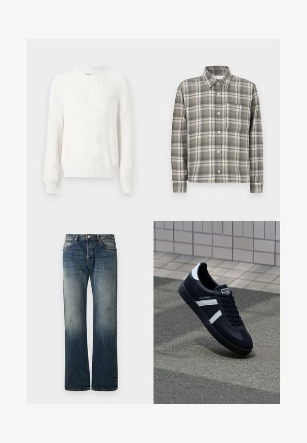 Hvid ribbet sweater med rund halsudskæring, sænkede skuldre og lange ærmer. Har struktureret stof og en lige kant.; Flannelskjorte med knapper i nuancer af grå og creme, med ternet mønster, en brystlomme og lange ærmer med knapmanchetter.; Mørkeblå vide denimjeans. Har en falmet detalje, traditionelt fem-lomme design og en metal knaplukning i taljen.; Sort lædersneaker med hvide striber, tekstureret gummisål og snørrebånd foran. Har et brandet mærke på tungen.