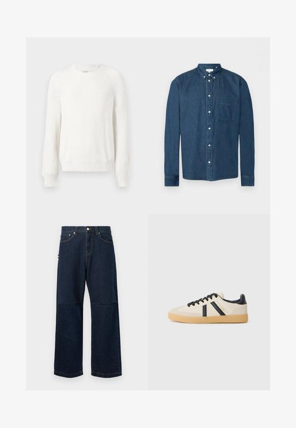 Weißer gerippter Pullover mit rundem Halsausschnitt, überschnittenen Schultern und langen Ä sleeves. Verfügt über strukturierten Stoff und einen geraden Saum.; Knopfbares dunkelblaues Denim-Hemd mit langen Ärmeln, einer Brusttasche links und einem Button-Down-Kragen, dargestellt vor weißem Hintergrund.; Dunkelblaue Denim-Jeans mit geraden Beinen, die ein klassisches Fünf-Taschen-Design, kontrastierende Nähte und ein kleines farbiges Etikett an der Seite aufweisen.; Legere Sneaker in Creme mit schwarzen Streifen, mit einer strukturierten Oberseite und einer Sohle aus Gummi. Die Schnürsenkel sind schwarz. Diskretes Logo an der Seite.