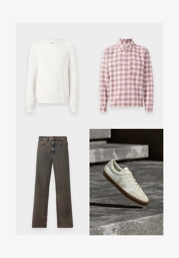 Hvid ribbet sweater med rund halsudskæring, sænkede skuldre og lange ærmer. Har struktureret stof og en lige kant.; Langærmet plaid skjorte i pink og hvid. Fremstillet af et blødt stof med knap-ned krave, enkelt brystlomme og knaplukninger.; Brune vaskede lige ben jeans med forlommer, knaplukning og bæltestropper vist mod en hvid baggrund.; Hvide læder sneakers med tanfarvet gummisål, flade snørebånd og V-formet detalje på siden. Har en glat overflade og minimale syninger.