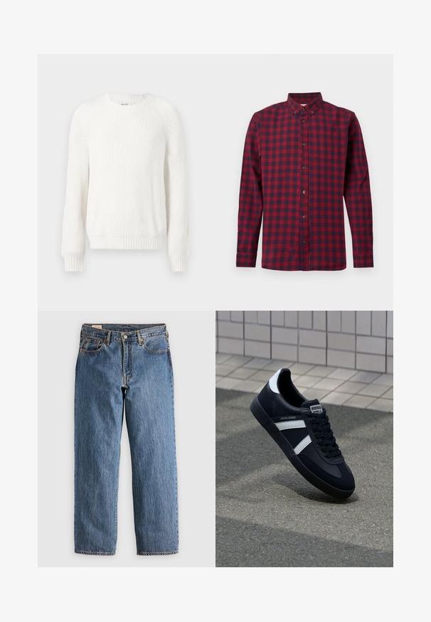 Weißer gerippter Pullover mit rundem Halsausschnitt, überschnittenen Schultern und langen Ä sleeves. Verfügt über strukturierten Stoff und einen geraden Saum.; Rot- und marineblau kariertes langärmliges Hemd mit durchgehender Knopfleiste, Button-Down-Kragen und einer Brusttasche.; Blaue Jeans aus Denim mit geradem Schnitt, hohem Bund, kupfernen Nieten und orangefarbener Naht. Mit Vorder- und Hintertaschen.; Schwarze Leder-Sneaker mit weißen Streifen, strukturiertem Gummisohle und Schnürung. Verfügt über ein Markenetikett auf der Zunge.