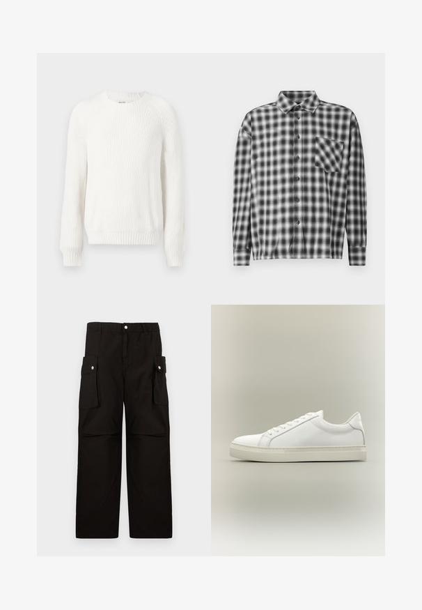 Suéter blanco con canalé, cuello redondo, hombros caídos y mangas largas. Presenta una tela texturizada y un bajo recto.; Camisa de manga larga a cuadros en blanco y negro, fabricada en un tejido suave, con un cierre de botones en la parte delantera y un bolsillo en el pecho. Diseño con cuello y ajuste relajado.; Pantalones cargo negros de tela suave, con una cinturilla elástica, bolsillos laterales con solapas y un diseño holgado de pierna recta.; Zapatilla blanca de perfil bajo con cordones en la parte delantera y suela gruesa, mostrada de lado sobre un fondo neutro.