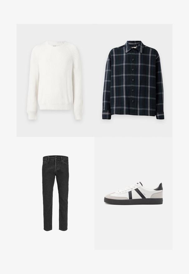 Hvid ribbet sweater med rund halsudskæring, sænkede skuldre og lange ærmer. Har struktureret stof og en lige kant.; Sort og mørkeblå ternet langærmet skjorte med hvide striber, knaplukning foran og spids krave.; Sorte denimbukser med lige ben, fem lommer og bæltestropper, der har en let falmet tekstur og kontraststing. ; Hvide sneakers med sorte og grå detaljer, med en tekstureret grå tåhætte, sort gummisål og flade hvide snørebånd. Rent design, minimalistisk stil.