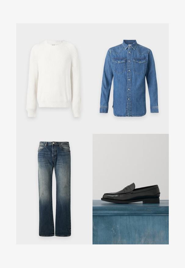 Weißer gerippter Pullover mit rundem Halsausschnitt, überschnittenen Schultern und langen Ä sleeves. Verfügt über strukturierten Stoff und einen geraden Saum.; Blaues Denim-Hemd mit langen Ärmeln, Vorderknopfleiste, spitzem Kragen, zwei Brusttaschen mit Klappen und Druckknöpfen sowie sichtbaren Nahtdetails.; Dunkelblaue weit geschnittene Jeans aus Denim. Mit verblassten Details, traditionellem Fünf-Taschen-Design und einem Metallknopfverschluss an der Taille.; Schwarze Leder-Loafer mit schlankem Design, ausgestattet mit einer abgesteppten Zehe und einer glatten Oberfläche. Der Schuh verfügt über einen flachen Absatz und minimale Verzierungen.