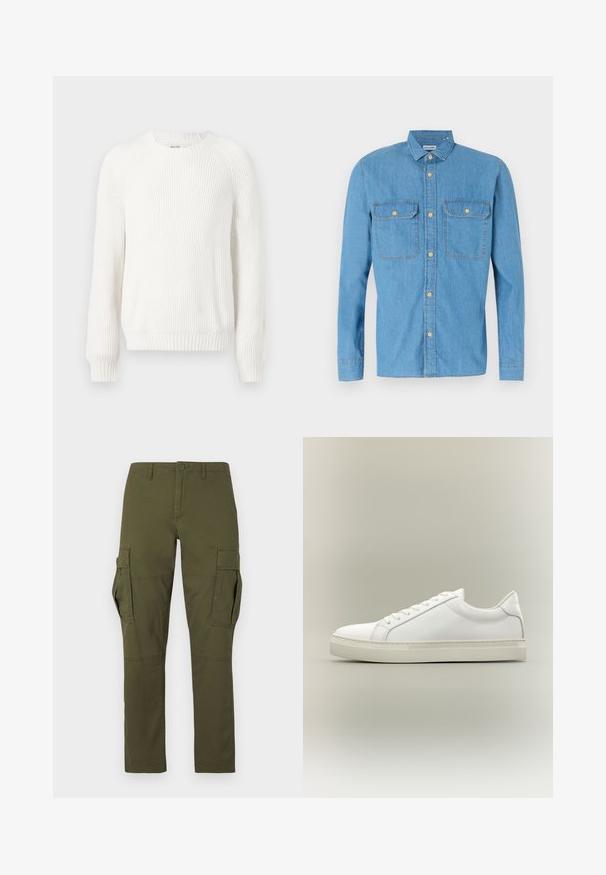 Suéter blanco con canalé, cuello redondo, hombros caídos y mangas largas. Presenta una tela texturizada y un bajo recto.; Camisa de denim azul claro con mangas largas, cierre frontal de botones, dos bolsillos en el pecho, cuello puntiagudo y botones dorados. Textura suave, diseño casual.; Pantalones cargo verdes con múltiples bolsillos, incluyendo dos grandes bolsillos laterales con solapa, cierre de botones y presillas para cinturón en la cinturilla.; Zapatilla blanca de perfil bajo con cordones en la parte delantera y suela gruesa, mostrada de lado sobre un fondo neutro.