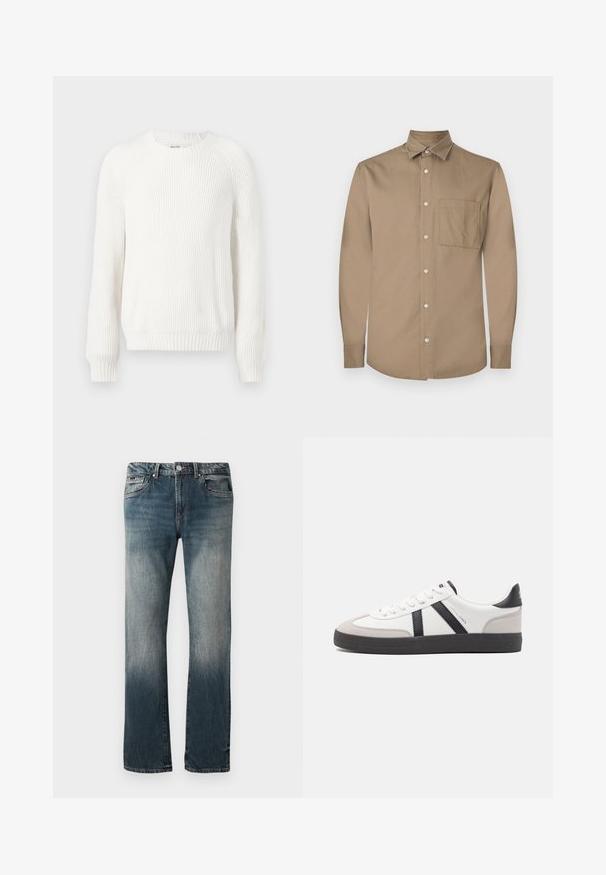 Suéter blanco con canalé, cuello redondo, hombros caídos y mangas largas. Presenta una tela texturizada y un bajo recto.; Camisa marrón de manga larga con botón en la parte delantera, cuello puntiagudo, un bolsillo en el pecho y textura de tela suave y mate.; Jeans de mezclilla azul de corte recto para hombre con lavado desgastado y diseño de cinco bolsillos sobre un fondo blanco.; Zapatilla blanca con acentos en negro y gris, que presenta una puntera texturizada en gris, suela de goma negra y cordones planos blancos. Diseño limpio, estilo minimalista.