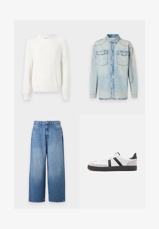Pull en maille blanche avec un col rond, des épaules tombantes et des manches longues. Caractérisé par un tissu texturé et un ourlet droit.; Chemise en denim bleu clair à manches longues, avec deux poches poitrine, fermeture boutonnée et col classique. Texture délavée sur l'ensemble.; Jeans en denim à jambes larges de couleur bleu clair avec une finition légèrement délavée. Comprend un design classique à cinq poches et une fermeture à bouton en métal.; Baskets blanches avec des accents noirs et gris, présentant un embout texturé gris, une semelle en caoutchouc noir et des lacets plats blancs. Design épuré, style minimaliste.
