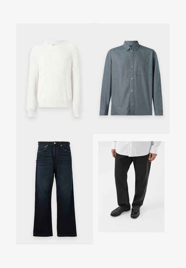 Witte geribbelde trui met een ronde halslijn, verlaagde schouders en lange mouwen. Bevat een textuurstof en heeft een rechte zoom.; Abercrombie & Fitch CROPPED CURVED HEM - Overhemd - dark blue; Donkerblauwe broek met rechte pijpen, klassieke vijf-pocket ontwerp, riemlussen en subtiele vervaging bij de voorkant en knieën.; Zwarte denim broek gecombineerd met glanzende zwarte instappers. Het shirt is wit met dunne verticale strepen, heeft lange mouwen en een geknoopte kraag.