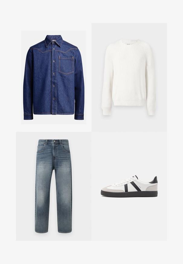 Suéter blanco con canalé, cuello redondo, hombros caídos y mangas largas. Presenta una tela texturizada y un bajo recto.; Camisa de mezclilla azul oscuro de manga larga con cuello punta, botones en el frente, bolsillo en el pecho y costuras en contraste de color naranja.; Vaqueros de mezclilla azul claro con corte recto, que cuentan con cinco bolsillos, cierre de cremallera y un sutil desgaste en las piernas. Con detalles de costuras como acabado.; Zapatilla blanca con acentos en negro y gris, que presenta una puntera texturizada en gris, suela de goma negra y cordones planos blancos. Diseño limpio, estilo minimalista.