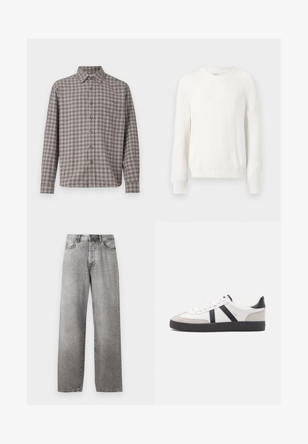 Witte geribbelde trui met een ronde halslijn, verlaagde schouders en lange mouwen. Bevat een textuurstof en heeft een rechte zoom.; Bruine en crèmekleurige geruite shirt met een button-down kraag, lange mouwen en voorknopen; gemaakt van gemêleerde stof.; Grijze wijde spijkerbroek van denim. Heeft een hoge taille, vijf zakken en een knoop- en ritssluiting. Subtiele vervaging over de stof.; Witte sneaker met zwarte en grijze accenten, voorzien van een grijze neus met textuur, zwarte rubberen zool en platte witte veters. Schoon ontwerp, minimalistische stijl.