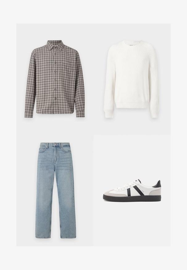 Witte geribbelde trui met een ronde halslijn, verlaagde schouders en lange mouwen. Bevat een textuurstof en heeft een rechte zoom.; Bruine en crèmekleurige geruite shirt met een button-down kraag, lange mouwen en voorknopen; gemaakt van gemêleerde stof.; Lichtblauwe denim jeans met een hoge taille, rechte pijpen, vijf-pocket stijl en subtiele vervaging voor een versleten effect.; Witte sneaker met zwarte en grijze accenten, voorzien van een grijze neus met textuur, zwarte rubberen zool en platte witte veters. Schoon ontwerp, minimalistische stijl.