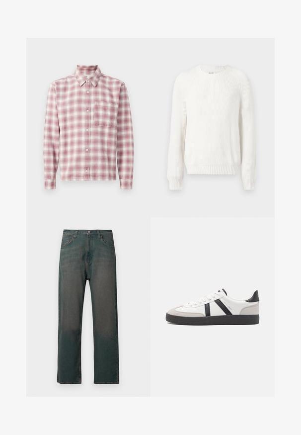 Hvid ribbet sweater med rund halsudskæring, sænkede skuldre og lange ærmer. Har struktureret stof og en lige kant.; Langærmet plaid skjorte i pink og hvid. Fremstillet af et blødt stof med knap-ned krave, enkelt brystlomme og knaplukninger.; Mørkegrønne denimjeans med lige ben, der har et klassisk design med fem lommer og kontrastsyninger langs sømmene.; Hvide sneakers med sorte og grå detaljer, med en tekstureret grå tåhætte, sort gummisål og flade hvide snørebånd. Rent design, minimalistisk stil.