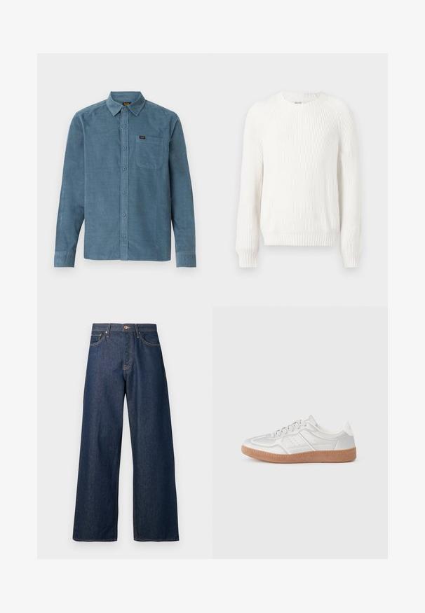 Suéter blanco con canalé, cuello redondo, hombros caídos y mangas largas. Presenta una tela texturizada y un bajo recto.; Camisa de manga larga de pana azul, con cuello tipo botonera, bolsillo frontal y un sutil branding en el bolsillo.; Jeans de pierna ancha hechos de mezclilla oscura con costuras naranjas, con cinco bolsillos, cierre frontal de botones y una silueta recta.; Zapatillas plateadas con una textura suave, diseño de cordones, acentos perforados y una suela de goma marrón texturizada.