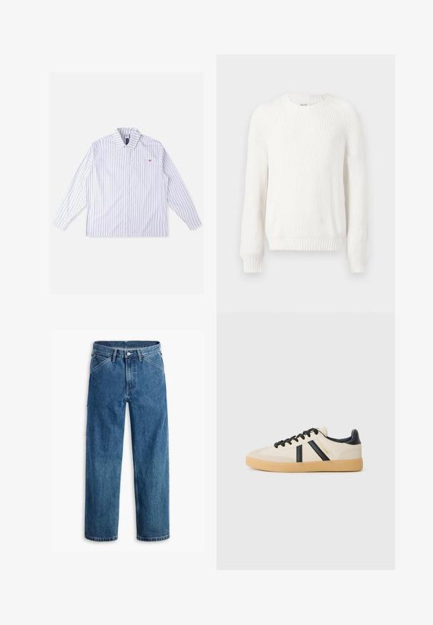 Suéter blanco con canalé, cuello redondo, hombros caídos y mangas largas. Presenta una tela texturizada y un bajo recto.; Camisa blanca de manga larga con rayas verticales azules, cierre de botones en la parte delantera, cuello, bolsillo en el pecho izquierdo y detalle de logo rojo. Tela suave y tejida.; Vaqueros azules de pierna recta con bolsillos delanteros, trabillas para cinturón, botón de metal y cremallera, sobre un fondo blanco.; Zapatillas casuales en crema con rayas negras, con parte superior texturizada y suela de goma. Los cordones son negros. Logo sutil en el costado.