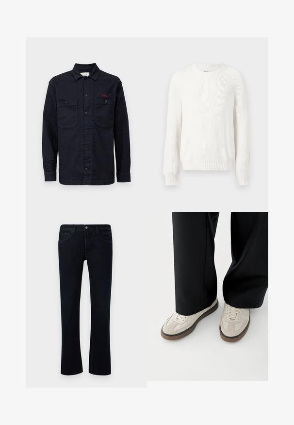Hvid ribbet sweater med rund halsudskæring, sænkede skuldre og lange ærmer. Har struktureret stof og en lige kant.; Mørkeblå denimskjorte med lange ærmer, knaplukning foran, to brystlommer og et lille rødt "REPLAY" logo på den venstre lomme.; Sorte denim jeans med let flair, fem-lomme-design, bæltestropper og knaplukning på en hvid baggrund.; Fødder iført beige sneakers med brune såler og sorte bukser med vide ben på hvid baggrund.
