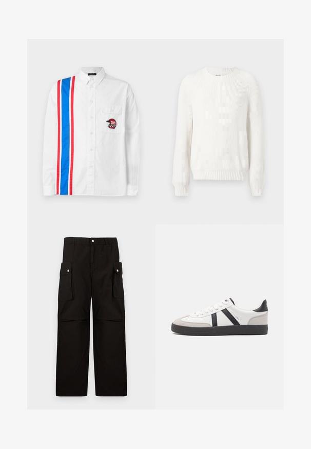 Pull en maille blanche avec un col rond, des épaules tombantes et des manches longues. Caractérisé par un tissu texturé et un ourlet droit.; Chemise blanche à boutons avec un motif rayé bleu et rouge d'un côté et un patch de casque brodé noir sur la poche poitrine.; Pantalons cargo noirs en tissu doux, dotés d'une taille élastique, de poches latérales avec rabats et d'une coupe loose à jambes droites.; Baskets blanches avec des accents noirs et gris, présentant un embout texturé gris, une semelle en caoutchouc noir et des lacets plats blancs. Design épuré, style minimaliste.