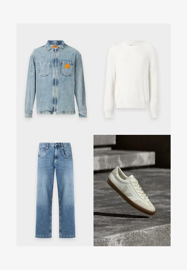 Valge ribadega sviiter ümmarguse kaelusega, langenud õlgade ja pikkade varrukatega. Omab tekstuuriga kangast ja sirget äärt.; Helefrontse lukuga helesinine denim jakker, kahe rindkere taskuga ja väikese oranži Replay Inc. etiketi avaga paremas taskus ja kraes.; Sinise sirge säärega teksapüksid esikinnisega, ees nupud ja tõmblukk, esitaskud ning hele pleekinud pesu efekt.; Valged nahast tennised pruunika kummist tallaga, lamedate paeltega ja V-kujulise aktsendiga küljel. Omaduseks on sile pind ja minimaalsed õmblused.