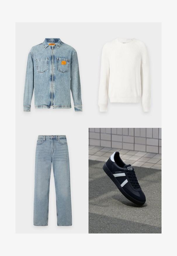 Valge ribadega sviiter ümmarguse kaelusega, langenud õlgade ja pikkade varrukatega. Omab tekstuuriga kangast ja sirget äärt.; Helefrontse lukuga helesinine denim jakker, kahe rindkere taskuga ja väikese oranži Replay Inc. etiketi avaga paremas taskus ja kraes.; Heledad sinised teksad kõrge vöökoha, sirge säärekujuga, viie taskuga stiil ning peenelt pleekinud välimus, mis annab kasutatud efekti.; Must have musta sneaker musta valgete triipudega, tekstuurne kummitald ja nööridega esiosa. Omab bränditud märki keele peal.