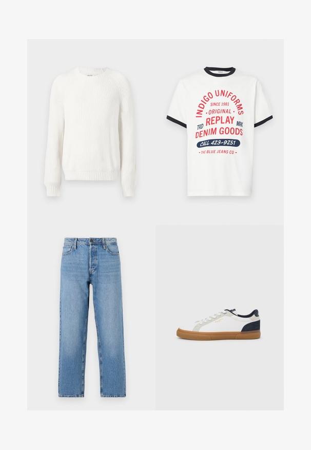 Witte geribbelde trui met een ronde halslijn, verlaagde schouders en lange mouwen. Bevat een textuurstof en heeft een rechte zoom.; Wit katoenen T-shirt met navy kraag en boorden, voorzien van rode en blauwe grafische tekst, waaronder "INDIGO UNIFORMS" en "BEL 423-9251."; Lichtblauwe denim jeans met een recht beenontwerp, voorzien van een knoop- en ritsluiting, vijf zakken en subtiele vervaging.; Witte canvas sneakers met marineblauwe en grijze suède accenten. Voorzien van een rubberen zool in tandpasta kleur, een afgeronde neus en een klassiek vetersysteem.