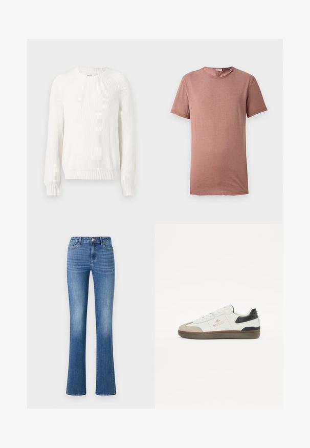 Hvid ribbet sweater med rund halsudskæring, sænkede skuldre og lange ærmer. Har struktureret stof og en lige kant.; Kortærmet t-shirt med rund hals i støvet rosa. Blødt stof med minimal detaljer og lige snit, velegnet til afslappet brug.; ONLY ONLWAUW MID WAIST - Jeans Slim Fit - medium blue denim; Hvide og sorte sneakers lavet af læder og ruskind, med rund tå, tekstureret sål, guld logo og kontrasterende hælkant.
