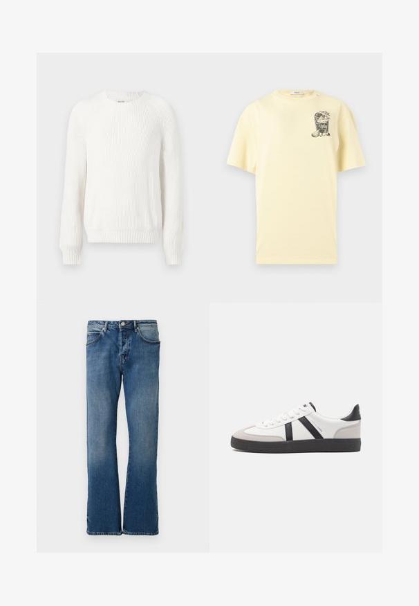 Weißer gerippter Pullover mit rundem Halsausschnitt, überschnittenen Schultern und langen Ä sleeves. Verfügt über strukturierten Stoff und einen geraden Saum.; Hellgelbes kurzärmeliges T-Shirt mit einer kleinen Grafik eines Cocktailglases, Zitronenscheiben und dem Text "Replay club 81" auf der Brust.; Helle blaue Jeans aus Denim mit geradem Bein, ausgestattet mit fünf Taschen, einem Knopfverschluss und subtilen Ausbleichungen auf dem Stoff.; Weiße Sneaker mit schwarz- und grau-aczenten, ausgestattet mit einer strukturierten grauen Zehenkappe, schwarzer Gummi-Sohle und flachen weißen Schnürsenkeln. Sauberes Design, minimalistische Stil.