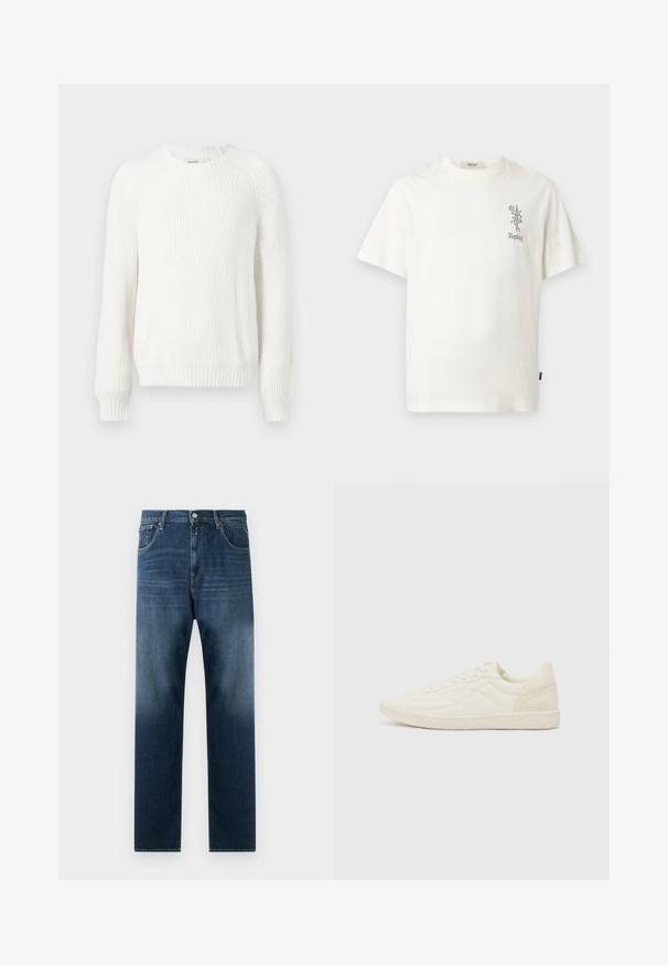 Weißer gerippter Pullover mit rundem Halsausschnitt, überschnittenen Schultern und langen Ä sleeves. Verfügt über strukturierten Stoff und einen geraden Saum.; Weißes Kurzarm-T-Shirt mit kleinem schwarzem Blumenmuster und "Replay" Text auf der linken Brust, dargestellt vor schlichtem Hintergrund.; Dunkelblaue Denim-Jeans mit geradem Bein-Design. Zu den Merkmalen gehören Fronttaschen, ein Reißverschluss und ein subtiler Verblassen in Richtung Saum.; ALDO THEPITCH - Sneaker low - white