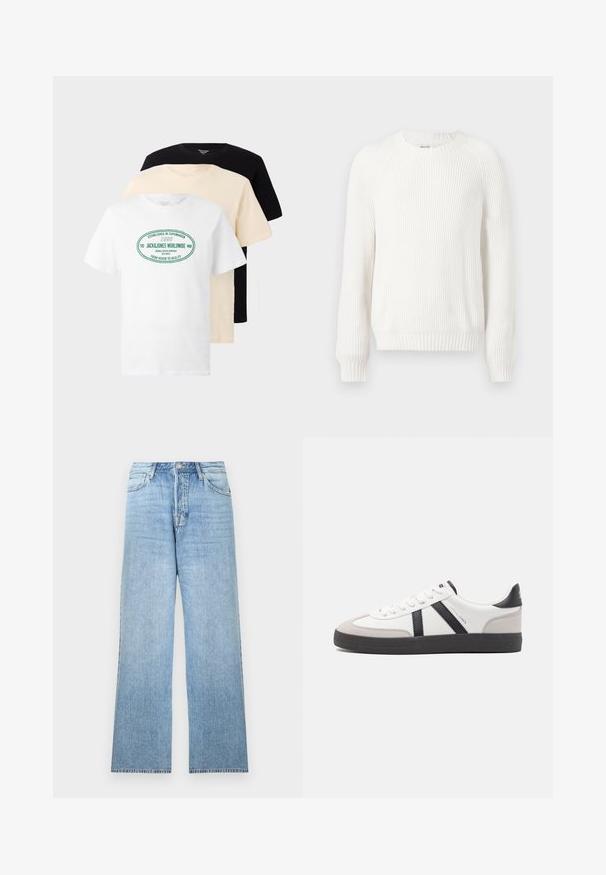 Hvid ribbet sweater med rund halsudskæring, sænkede skuldre og lange ærmer. Har struktureret stof og en lige kant.; Tre stablede T-shirts med rund hals i sort, beige og hvid, hvor den hvide T-shirt har grøn tekst "Jack & Jones Worldwide".; Lyseblå denimjeans med lige ben, lukning med øverste knap, fem-lommer-design og frynset kant.; Hvide sneakers med sorte og grå detaljer, med en tekstureret grå tåhætte, sort gummisål og flade hvide snørebånd. Rent design, minimalistisk stil.