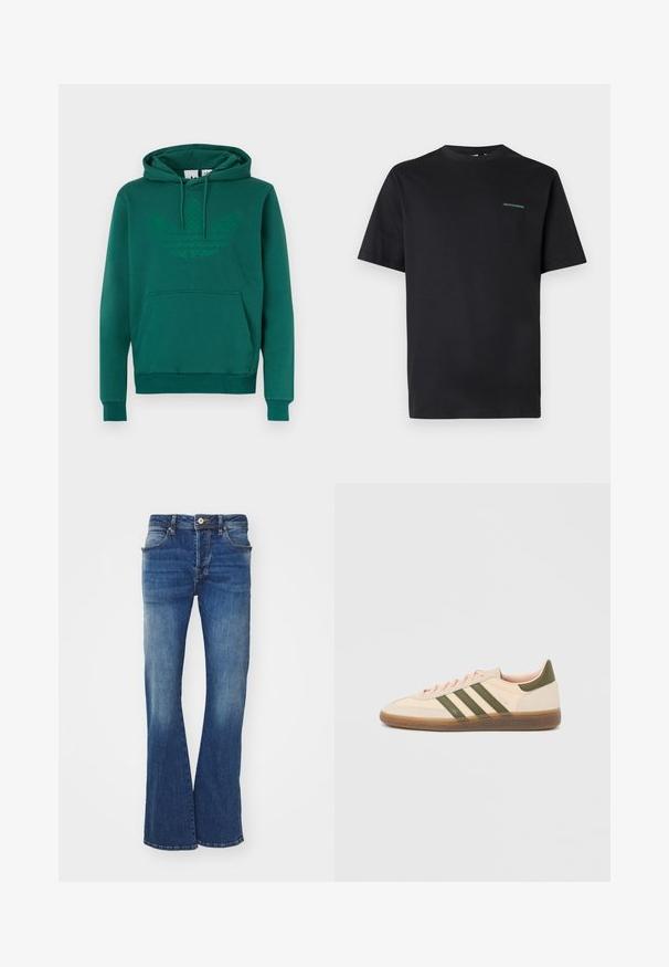 Sudadera con capucha verde hecha de material suave, con un gran logo trébol tonal verde en el frente, un bolsillo canguro y capucha con cordón ajustable.; Camiseta negra de manga corta con cuello redondo y pequeño texto verde "CREATIVEWORKERS" en el pecho izquierdo, diseño liso, sobre un fondo gris claro.; Jeans de mezclilla azul acampanados con una cinturilla de altura media, cinco bolsillos y un ligero desgastado. La tela presenta una textura clásica y un acabado limpio.; Zapatilla Adidas Spezial beige de perfil bajo con rayas verdes, suela de goma y la marca "SPEZIAL" en el lateral, vista desde el lado exterior.