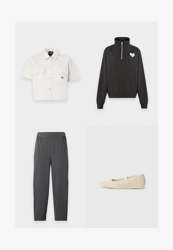 Sudadera negra de forro polar con cremallera de cuarto de largo y cuello alto, con puños y dobladillo acanalados, que presenta un pequeño gráfico en forma de corazón blanco en el pecho.; Camisa blanca de algodón de manga corta y cropped, con dos bolsillos en el pecho, cierre frontal de botones y un parche con logo en el bolsillo izquierdo.; Pantalones deportivos grises con cintura elástica, piernas estrechadas y dos bolsillos laterales. Textura suave y tejido ligero.; Bailarinas beige con un exterior de cuero liso, punta en forma de almendra y una correa elástica en el empeine, con detalles de costura sutiles.