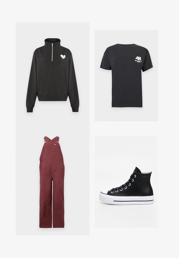 Sort kvart-lynlås fleecepullover med høj krave, ribbet manchetter og kant, med en lille hvid hjerteformet grafik på brystet.; Sort t-shirt med korte ærmer og rund halsudskæring med en lille hvid hibiscusblomst og teksten "Rip Curl Surf Co" på øverste venstre bryst.; Vinsmænds overalls lavet af bomuld, med krydsede rygstropper, forlommer og metalhardware-accenter. Glat tekstur og afslappet pasform.; Sort højtop sneaker med hvid tåhætte og sål, svævende over betontrapper i udendørs bymiljø.