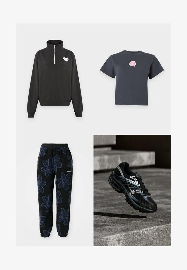 Zwarte fleece pullover met kwart rits en hoge kraag, geribbelde manchetten en zoom, met een klein wit hartvormig motief op de borst.; Donkergrijze korte mouw cropped T-shirt met een klein rond roze-wit logo met een silhouet van een bewegend persoon op de borst.; Fleece joggers met een zwarte achtergrond en een donkerblauw bloemenpatroon. Voorzien van een elastische tailleband en zijzakken. Zachte textuur.; Zwart-zilveren Nike hardloopschoen zwevend boven betonnen trappen, met een gedetailleerd ontwerp en een getextureerde zool in een buitenomgeving.