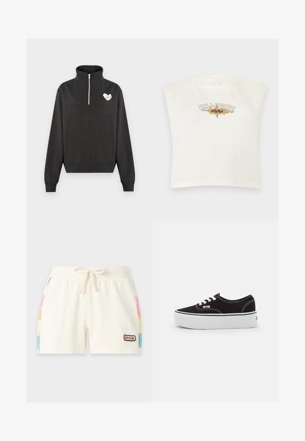 Pull-over en polaire noir à fermeture quart de zip avec col montant, poignets et ourlet côtelés, arborant un petit graphique blanc en forme de cœur sur la poitrine.; Chemise blanche sans manches avec un soleil enflammé et le texte "Billabong" en lettres stylisées sur la poitrine.; Shorts écru avec cordon de serrage, taille côtelée, poches latérales avec panneaux multicolores et petit logo "Rip Curl" sur la jambe avant droite.; Baskets en toile noires avec une semelle en caoutchouc blanc, dotées de lacets et de coutures blanches, marquage emblématique sur le côté, design basse.