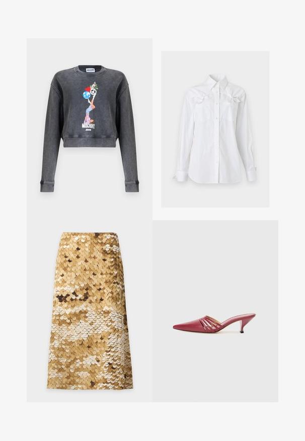 Tumehall Moschino lühike pusa naise graafikaga, kes tasakaalustab maailma, südant, rahusümbolit ja lilli, allservas Moschino Jeans tekst.; Valge pika varrukaga nööpidega särk kraega ja kahe rinnataskuga, kummalgi dekoratiivne lips ülemises osas.; Kuldne ja beež sädelev midi-seelik, millel on skaala-laadne muster ja kerge A-lõike kuju ühtlasel heledal taustal.; Punased nahast terava ninaga mules-kindad madala kontsaga, millel on lõigatud küljekorraldused ja sile tekstuur. Stiilne ja voolujooneline disain.