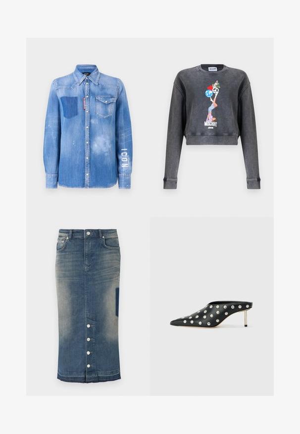 Sweatshirt Moschino court gris foncé avec un graphique représentant une femme équilibrant un globe, un cœur, un symbole de paix et des fleurs, avec le texte Moschino Jeans en dessous.; Chemise en denim bleu clair avec une finition délavée. Dotée d'une poche plaquée, d'un col à bouton et du texte blanc "ICON" sur la manche.; Jupe midi en denim avec fermeture à boutons sur le devant, effet délavé, poches avant, passants pour ceinture et détail de bord brut.; STAND STUDIO KELSEY - Mules à talons - black